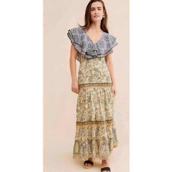 NWT Free People Forever That Girl Floral Maxi Dress Ruffle V-Neck Blue Yellow XS - Picture 1 of 16